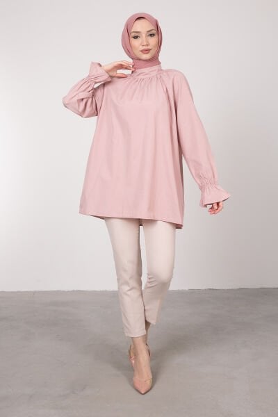 Oversize Kesim Manşet Detaylı Tesettür Tunik Pudra