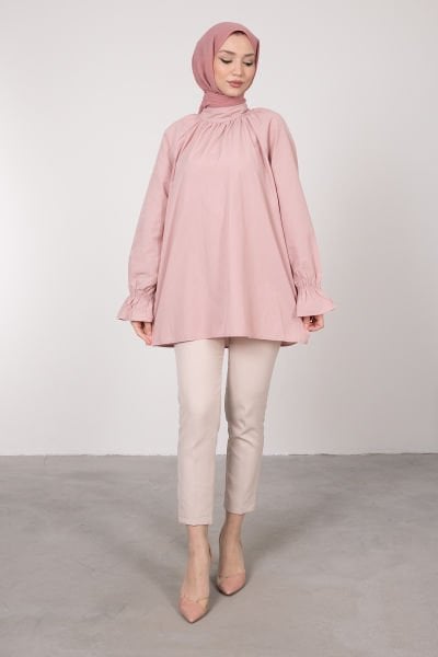 Oversize Kesim Manşet Detaylı Tesettür Tunik Pudra