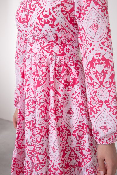 Osmanlı Motifli Kuşaklı Tesettür Elbise Pembe