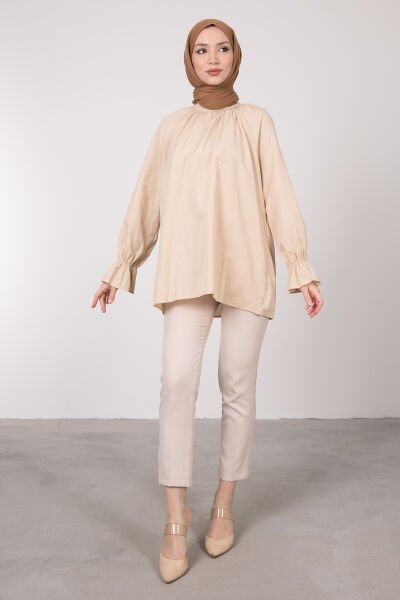 Oversize Kesim Manşet Detaylı Tesettür Tunik Krem