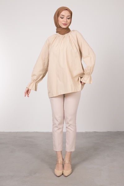 Oversize Kesim Manşet Detaylı Tesettür Tunik Krem