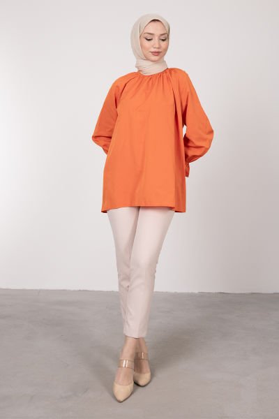 Oversize Kesim Manşet Detaylı Tesettür Tunik Turuncu