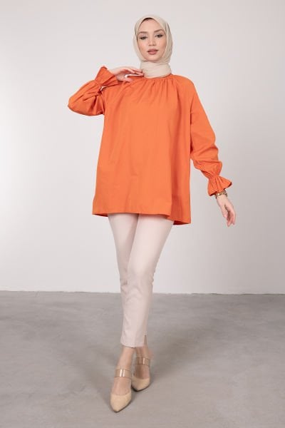 Oversize Kesim Manşet Detaylı Tesettür Tunik Turuncu