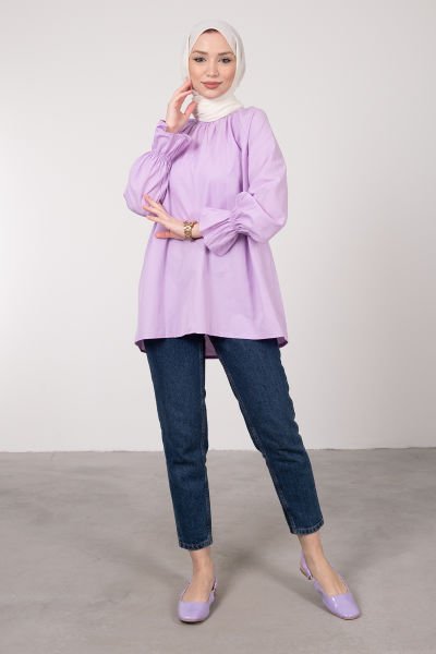 Oversize Kesim Manşet Detaylı Tesettür Tunik Lavanta