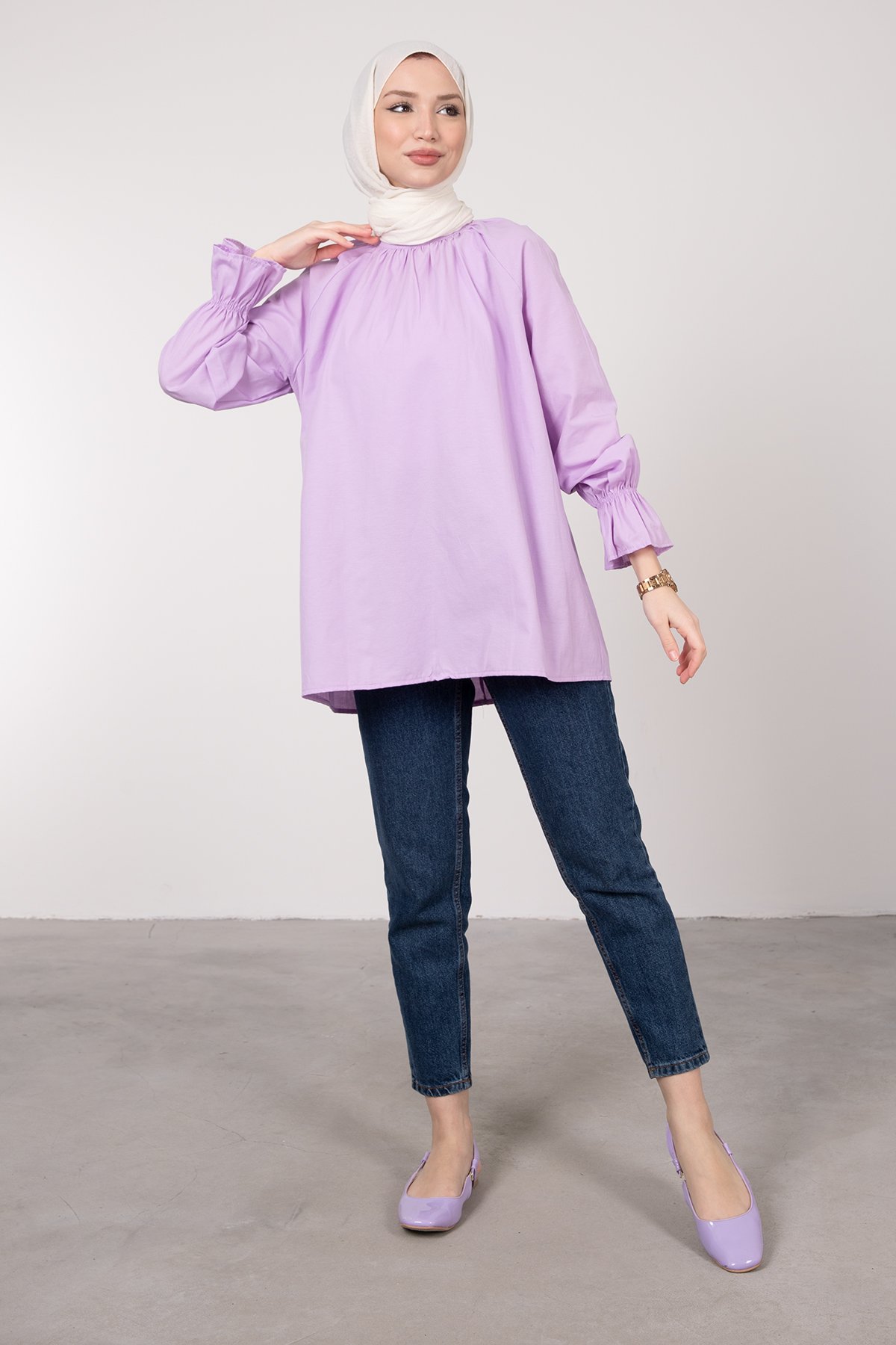 Oversize Kesim Manşet Detaylı Tesettür Tunik Lavanta