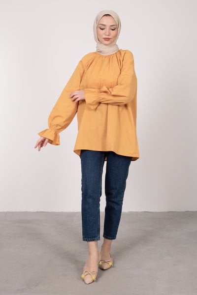 Oversize Kesim Manşet Detaylı Tesettür Tunik Kavun İçi