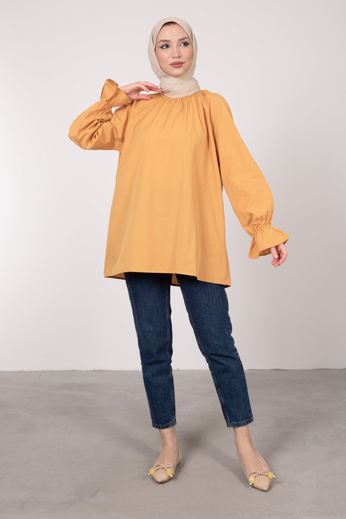 Oversize Kesim Manşet Detaylı Tesettür Tunik Kavun İçi