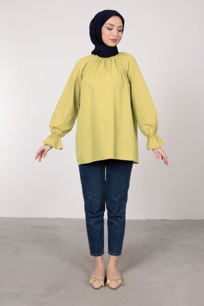 Oversize Kesim Manşet Detaylı Tesettür Tunik Neon Yeşili