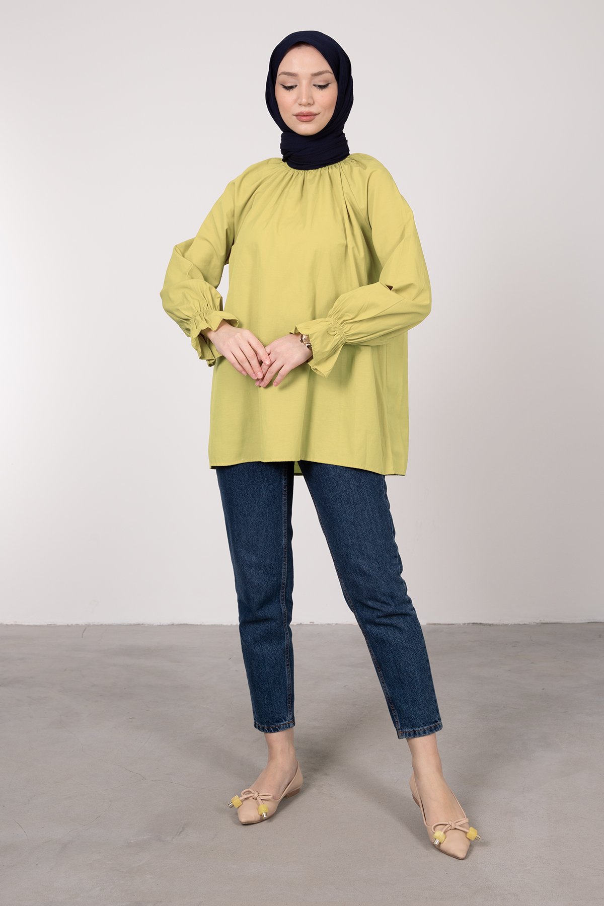 Oversize Kesim Manşet Detaylı Tesettür Tunik Neon Yeşili