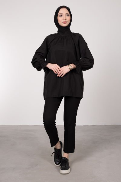 Oversize Kesim Manşet Detaylı Tesettür Tunik Siyah