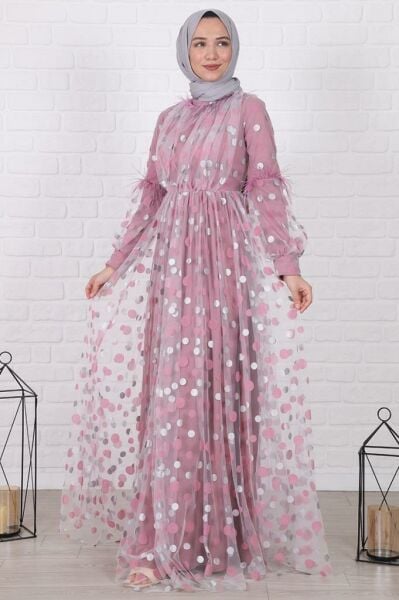 Puantiye Detaylı Tül Tesettür Elbise Pembe