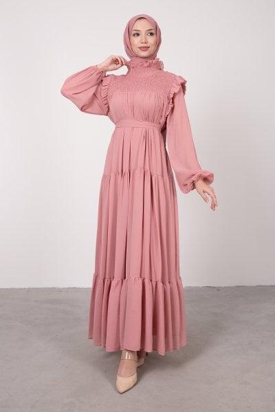 Önü Sıralı Dikişli Yakası Fırfırlı Tesettür Elbise Pembe