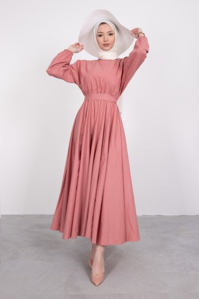 Kuşaklı Kloş Elbise Pembe