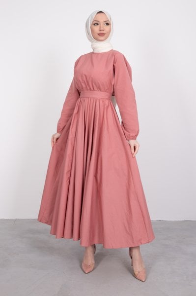 Kuşaklı Kloş Elbise Pembe