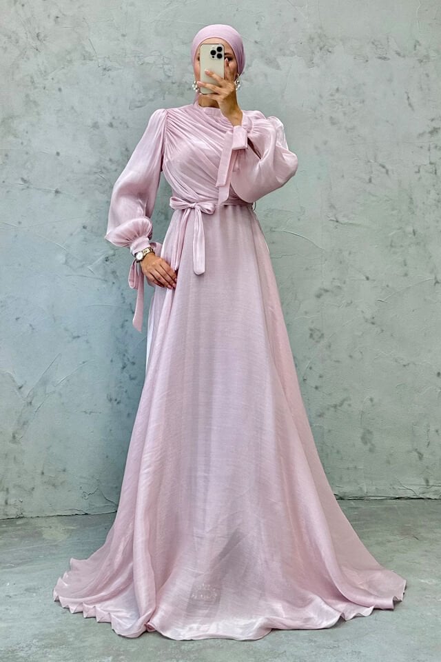 Janjan Drapeli Kuşaklı Fiyonklu Tesettür Abiye Pembe