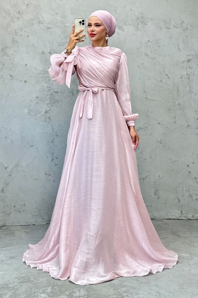 Janjan Drapeli Kuşaklı Fiyonklu Tesettür Abiye Pembe