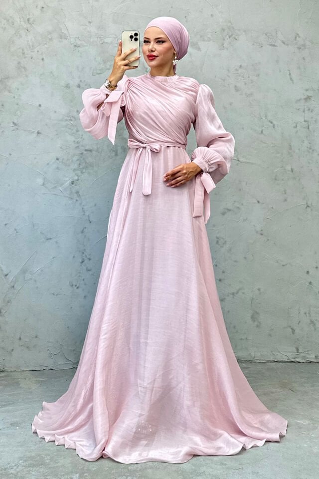 Janjan Drapeli Kuşaklı Fiyonklu Tesettür Abiye Pembe