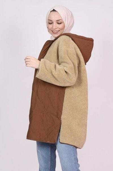 Peluş Cep Detaylı Mont Kahverengi