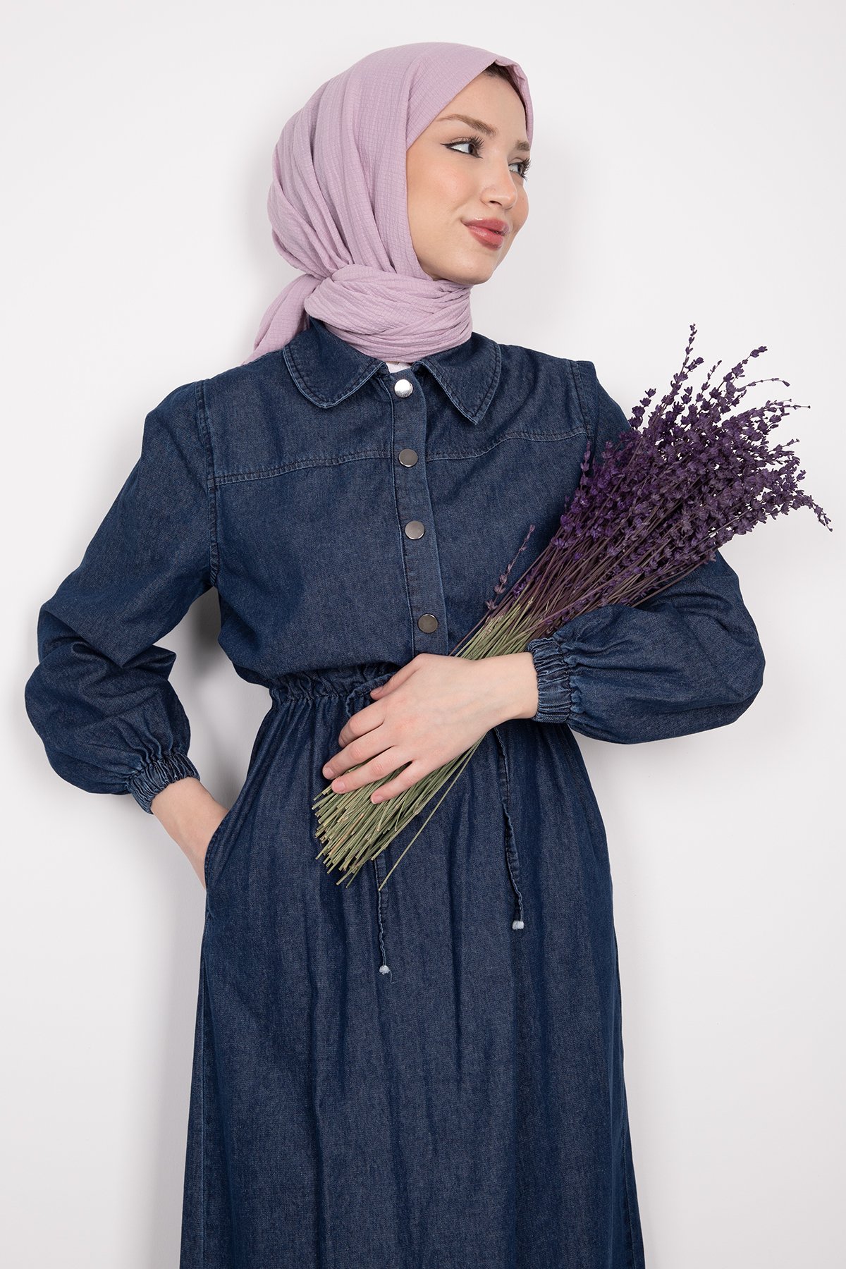 Gömlek Yaka Düğmeli Beli Ayarlanabilir Jean Elbise Lacivert