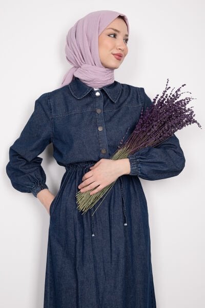 Gömlek Yaka Düğmeli Beli Ayarlanabilir Jean Elbise Lacivert