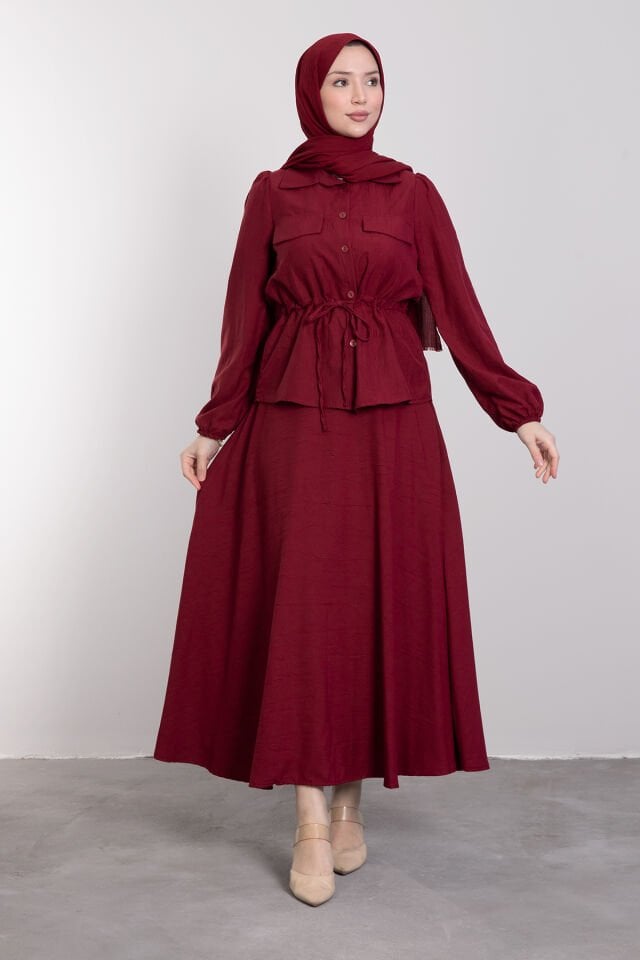 Tunik Beli Ayarlamalı Etekli Tesettür Takım Bordo