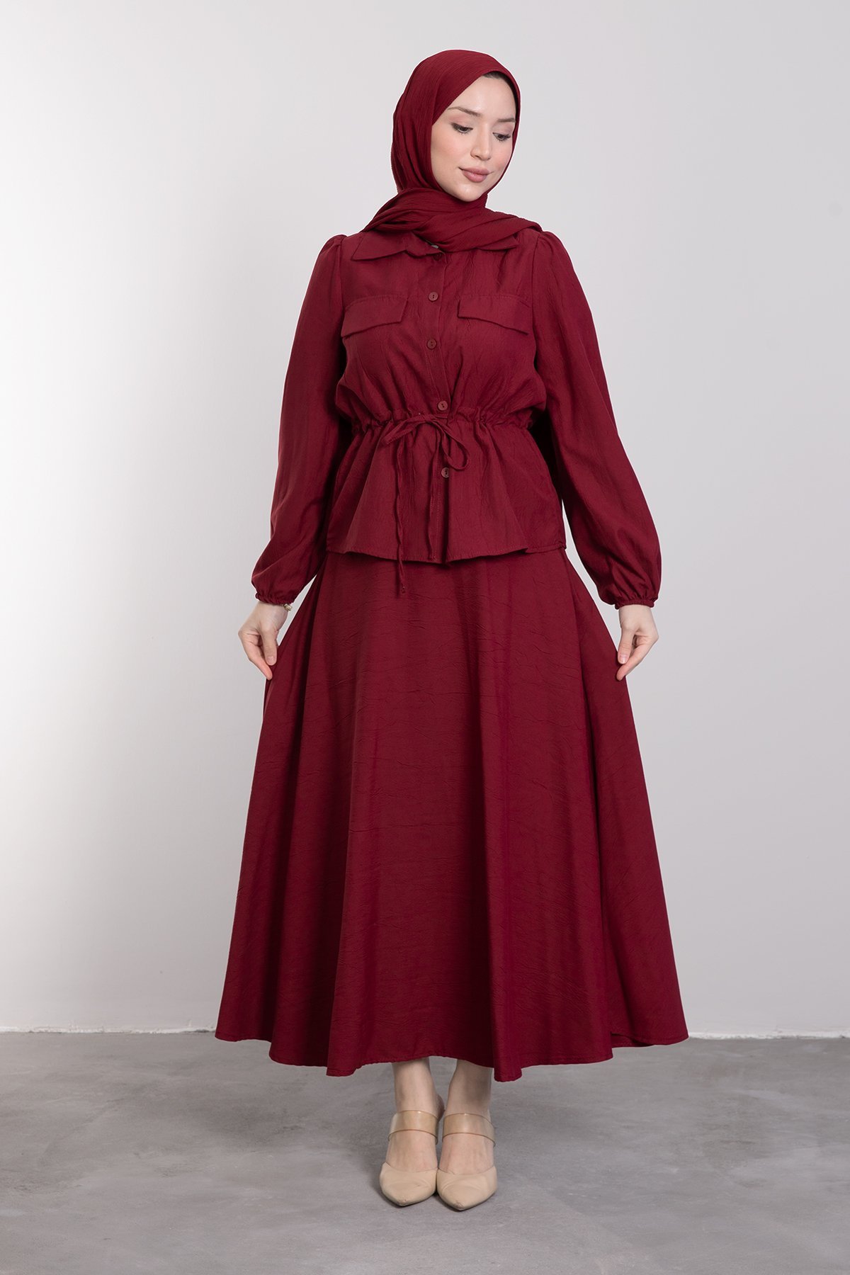 Tunik Beli Ayarlamalı Etekli Tesettür Takım Bordo