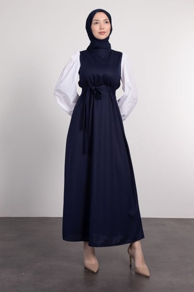 Kolları Poplin Detaylı Kuşaklı Tesettür Elbise Lacivert