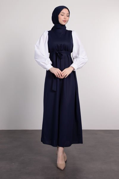 Kolları Poplin Detaylı Kuşaklı Tesettür Elbise Lacivert