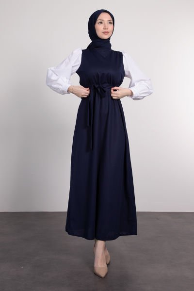 Kolları Poplin Detaylı Kuşaklı Tesettür Elbise Lacivert