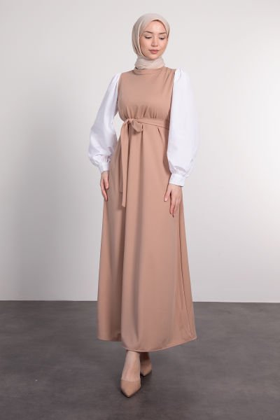 Kolları Poplin Detaylı Kuşaklı Tesettür Elbise Vizon