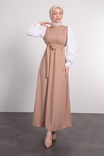 Kolları Poplin Detaylı Kuşaklı Tesettür Elbise Vizon