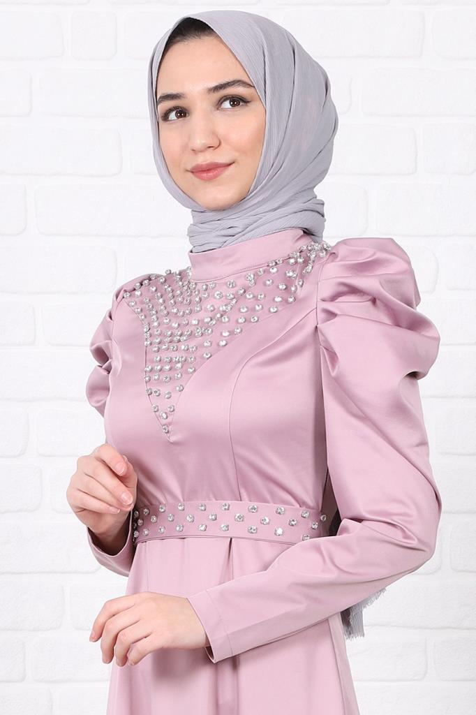Taş İşlemeli Saten Tesettür Abiye Pembe