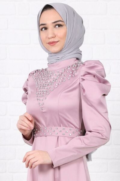 Taş İşlemeli Saten Tesettür Abiye Pembe