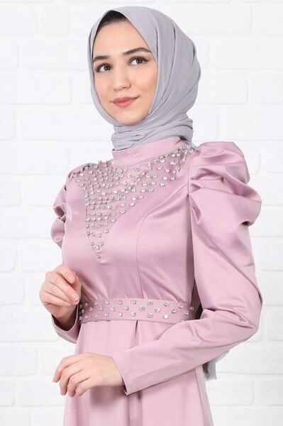 Taş İşlemeli Saten Tesettür Abiye Pembe