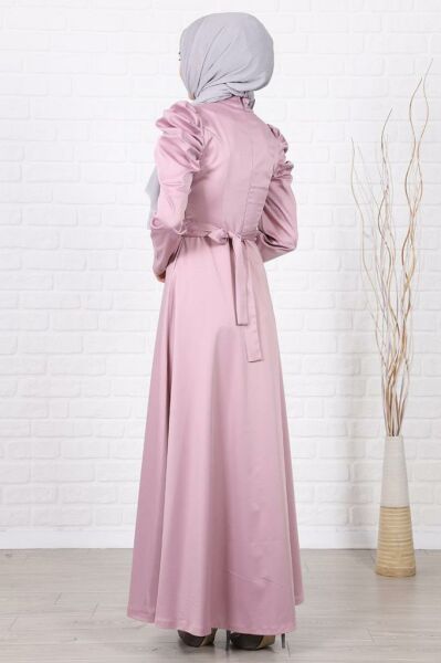 Taş İşlemeli Saten Tesettür Abiye Pembe
