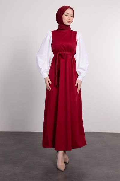 Kolları Poplin Detaylı Kuşaklı Tesettür Elbise Bordo