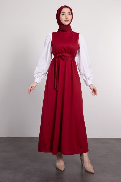 Kolları Poplin Detaylı Kuşaklı Tesettür Elbise Bordo