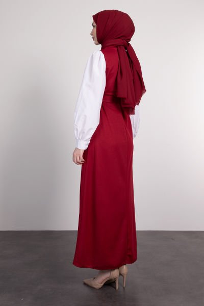 Kolları Poplin Detaylı Kuşaklı Tesettür Elbise Bordo
