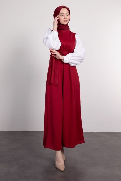 Kolları Poplin Detaylı Kuşaklı Tesettür Elbise Bordo