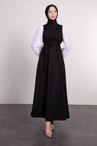 Kolları Poplin Detaylı Kuşaklı Tesettür Elbise Siyah