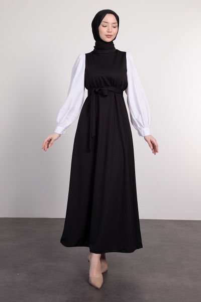 Kolları Poplin Detaylı Kuşaklı Tesettür Elbise Siyah