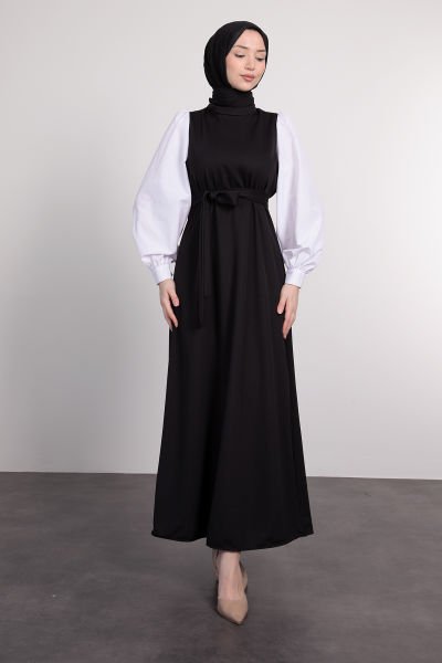 Kolları Poplin Detaylı Kuşaklı Tesettür Elbise Siyah