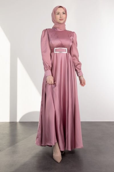 Dikdörtgen Çerçeveli Aynalı Saten Tesettür Abiye Gül Pembe