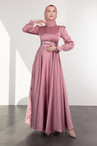 Dikdörtgen Çerçeveli Aynalı Saten Tesettür Abiye Gül Pembe