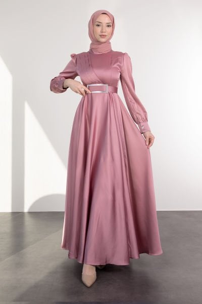 Dikdörtgen Çerçeveli Aynalı Saten Tesettür Abiye Gül Pembe
