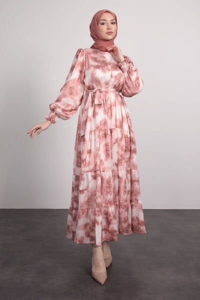 Batik Desenli Balon Kol Tesettür Elbise Pembe