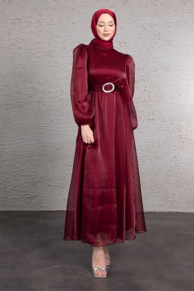 Fırfırlı Balıkçı Yaka Organze Tesettür Abiye Bordo