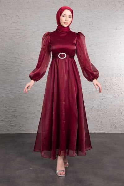 Fırfırlı Balıkçı Yaka Organze Tesettür Abiye Bordo