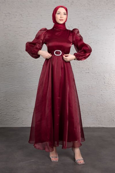 Fırfırlı Balıkçı Yaka Organze Tesettür Abiye Bordo
