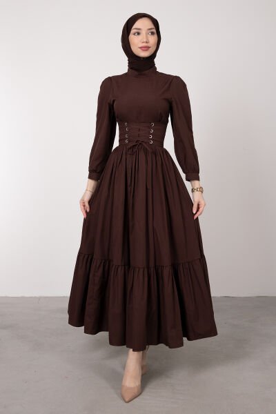 Beli Çapraz Bağcıklı Vintage Tesettür Elbise Koyu Kahve